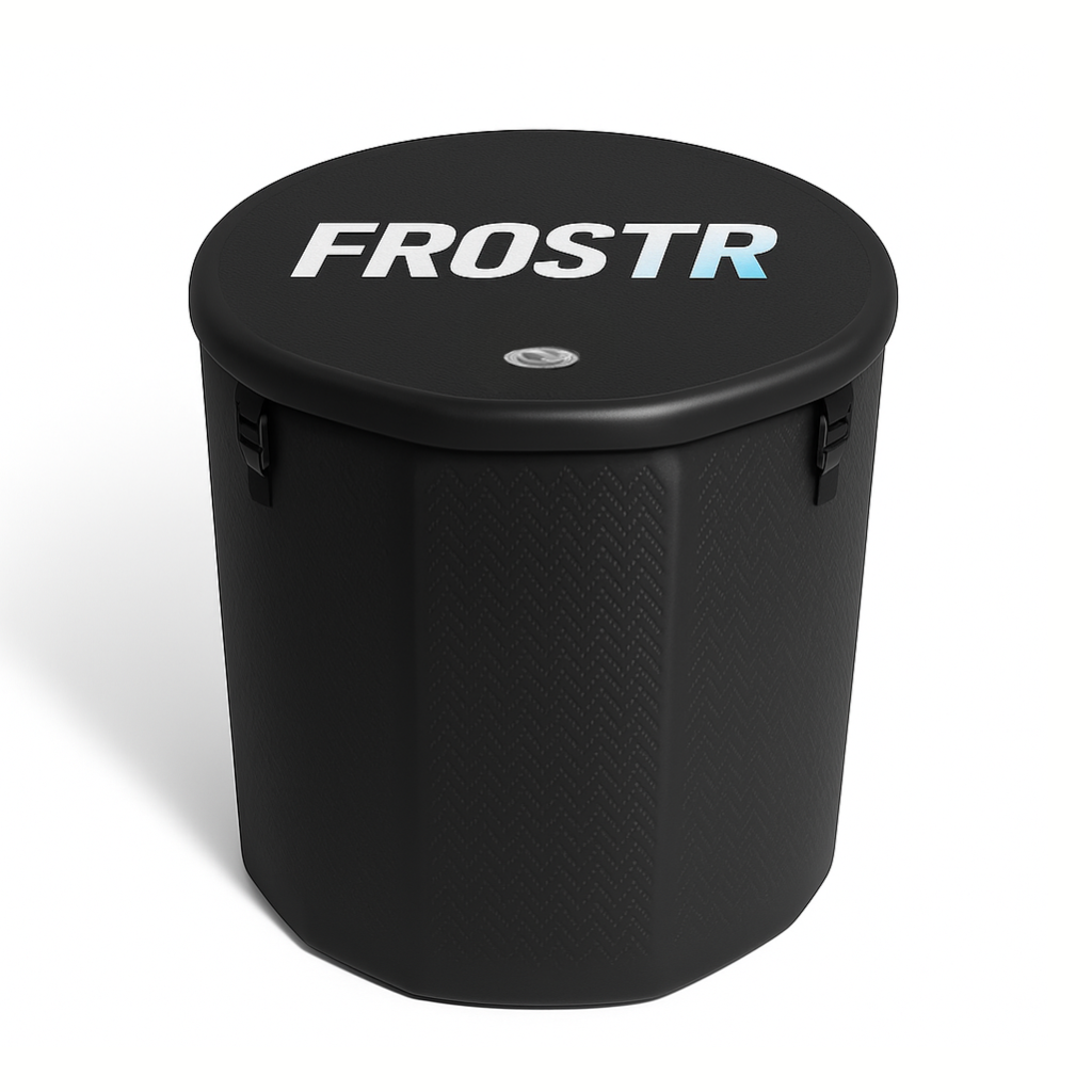 Black Barrel Ice Bath Tub with Frostr Logo branding, cold plunge use