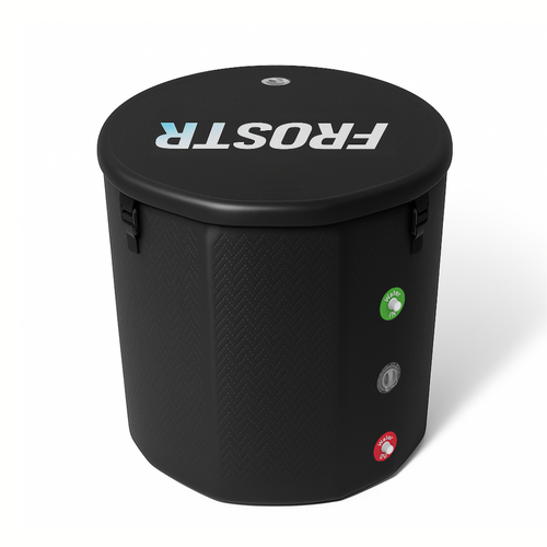 Black Inflatable Cold Plunge ice bath barrel tub with Frostr Branding 
