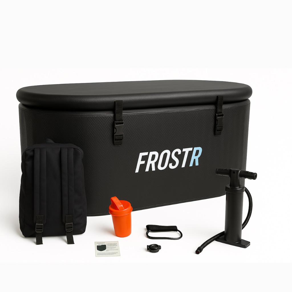 Black inflatable Cold Plunge tub with accessories on a white background, featuring the brand 'FROSTR'. Portable Ice bath tub