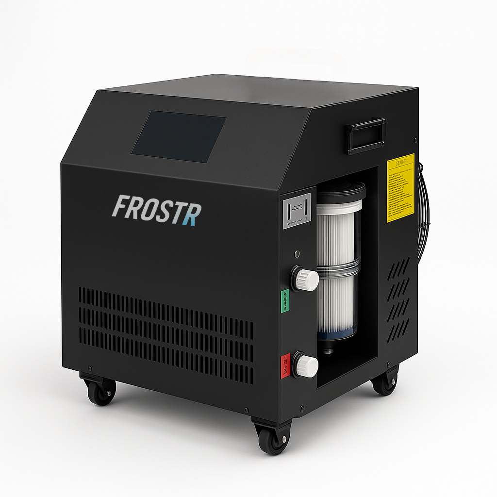 Black Water Chiller Ice Bath Cold Plunge device with 'FROSTR' branding on a white background side view