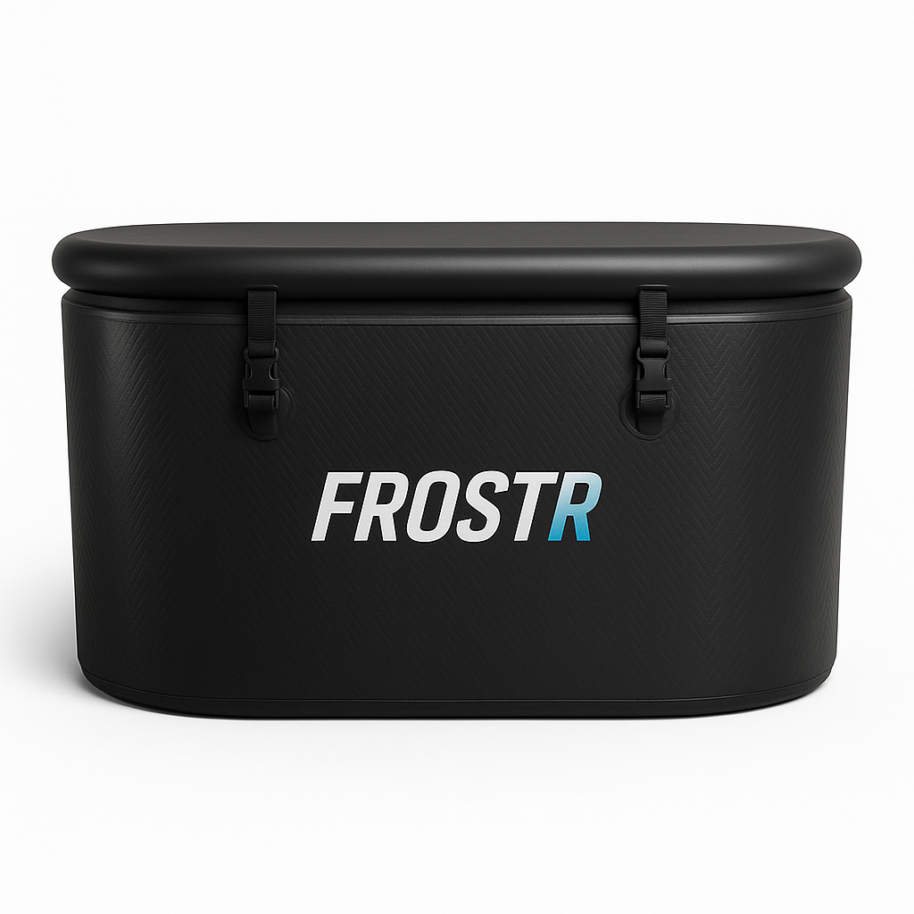 Black Cold Plunge Tub with 'FROSTR' branding on a white background