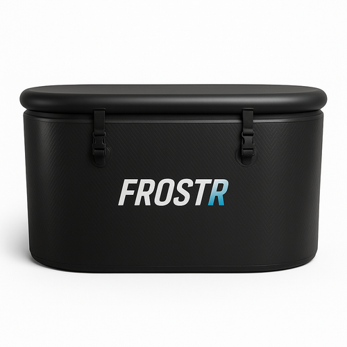 Black Cold Plunge Tub with 'FROSTR' branding on a white background