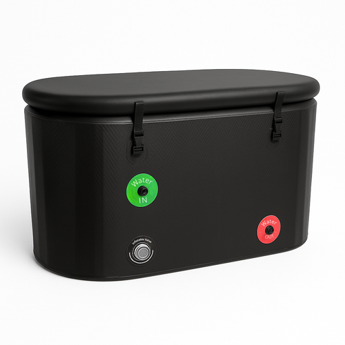 Black Cold Plunge Tub with water and input/output indicators on a white background